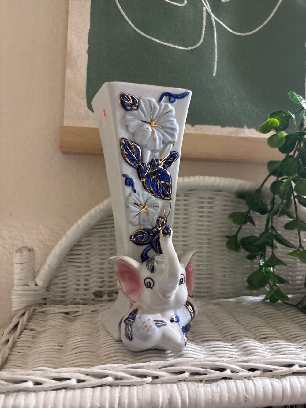 Ceramic White Elephant Vase with Blue & Gold Floral Accents